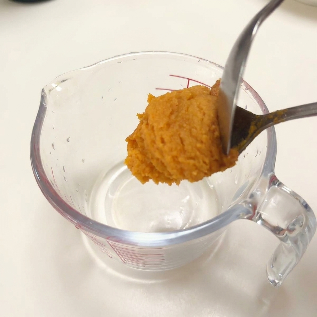A metal spoon dropping a scoop of miso paste into a glass measuring cup containing liquid seasonings.