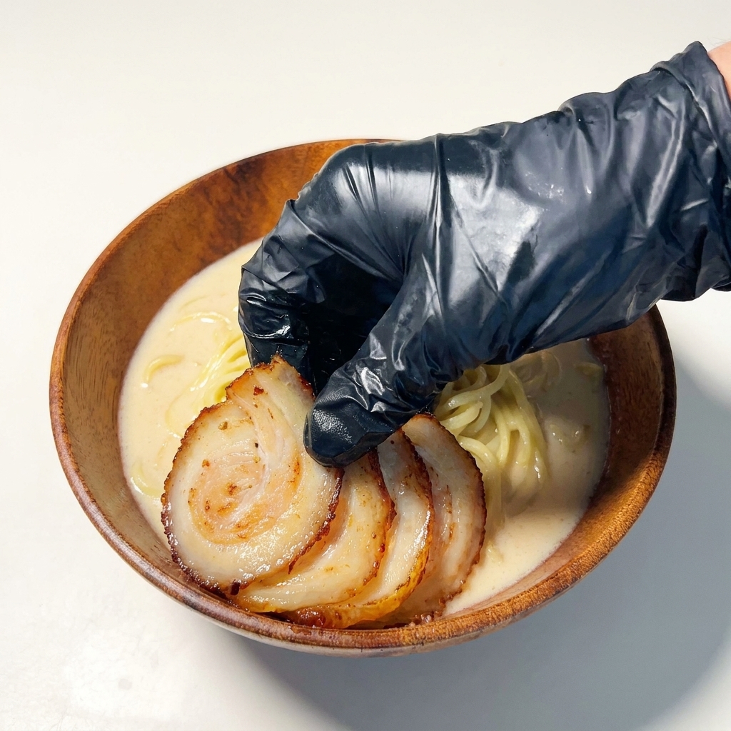 A gloved hand carefully laying neatly arranged slices of seared chashu pork over ramen noodles in a wooden bowl.