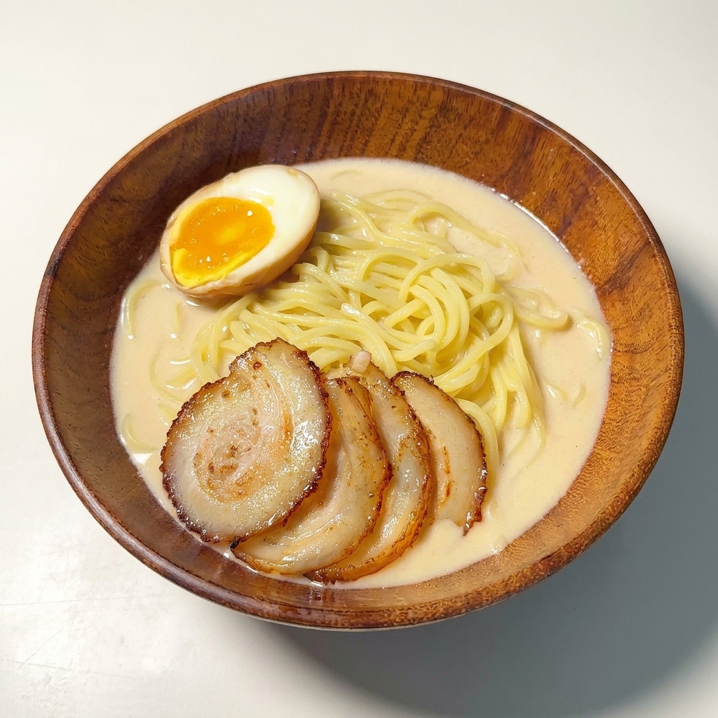 A wooden bowl filled with creamy tonkotsu ramen, topped with sliced chashu pork and a halved soft-boiled egg with a jammy yolk.
