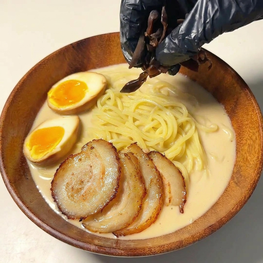 A hand wearing a black glove dropping shredded dark wood ear mushrooms into a wooden bowl of ramen containing tonkotsu broth, noodles, soft-boiled egg halves, and chashu pork.