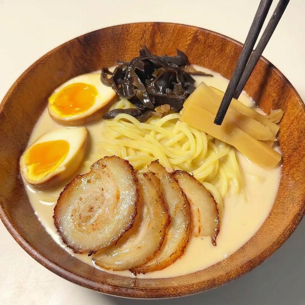 Chopsticks placing sliced bamboo shoots onto a bowl of tonkotsu ramen.
