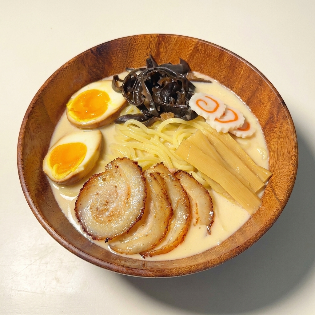 Narutomaki fish cake slices placed on top of a bowl of rich ramen.
