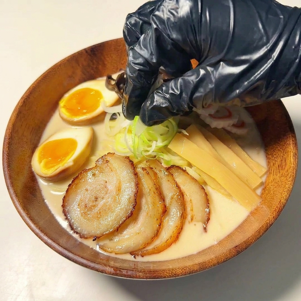 A gloved hand sprinkling chopped green onions over a finished bowl of ramen.