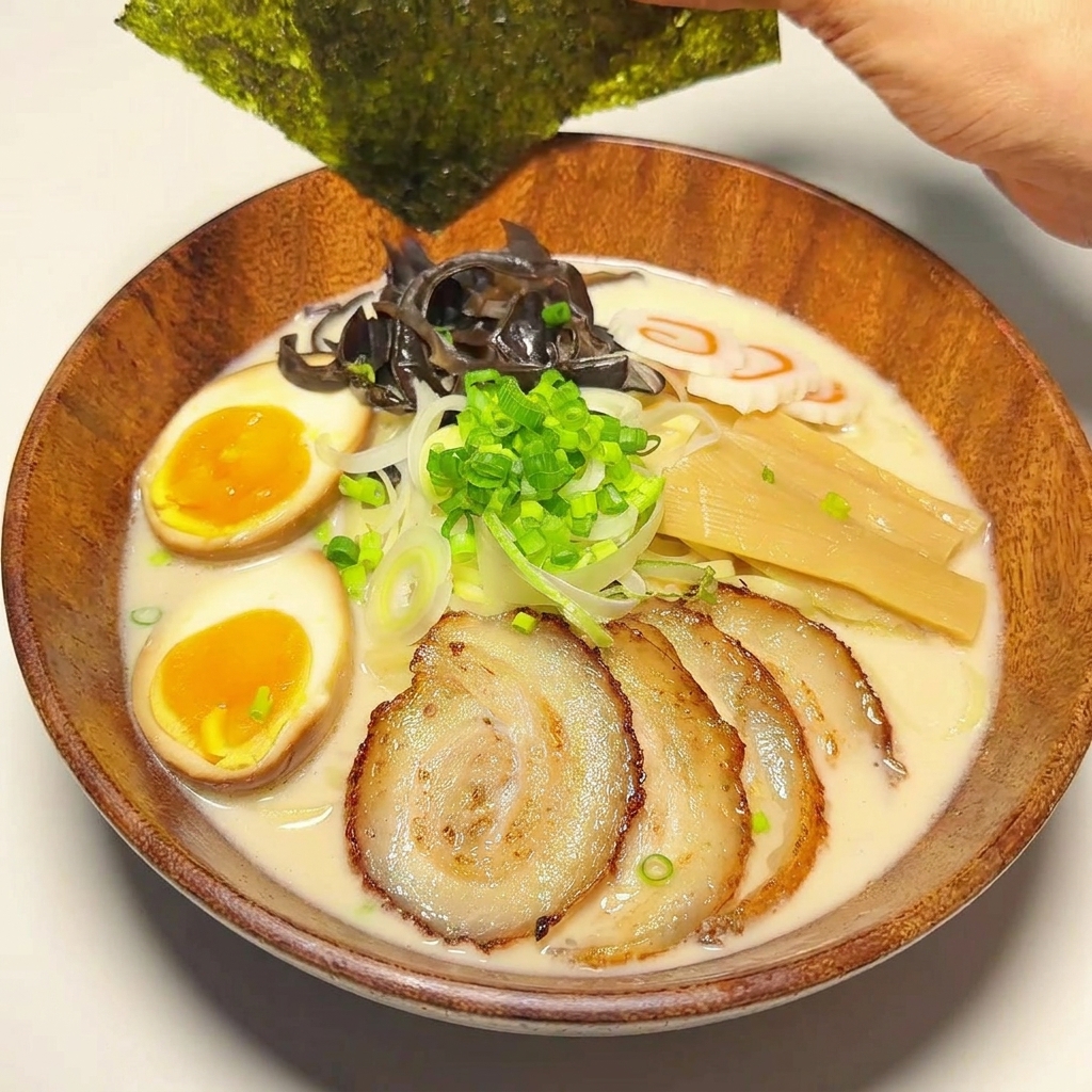 Tucking crispy nori seaweed sheets into the edge of a fully garnished ramen bowl.
