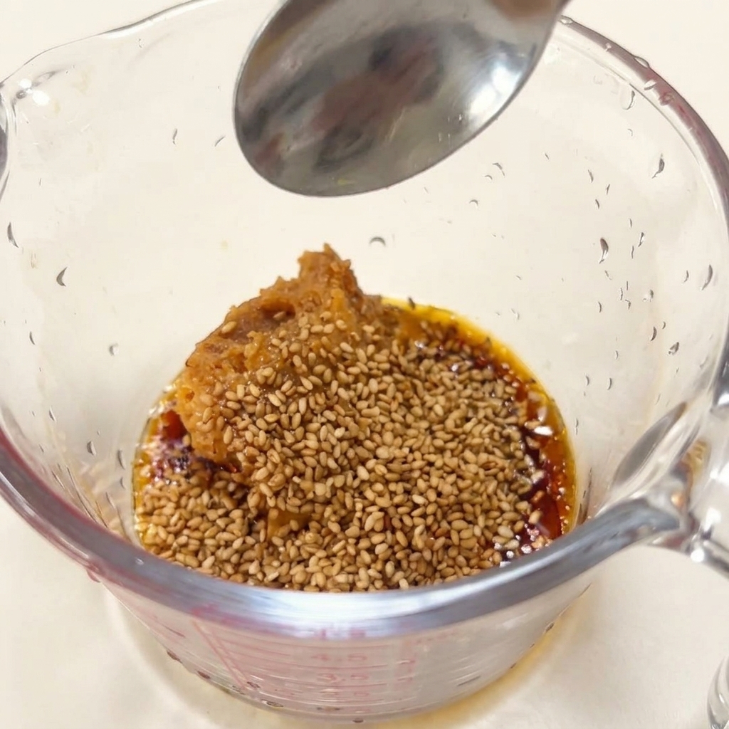 A glass measuring cup filled with miso paste and roasted sesame seeds, with a spoon hovering above.