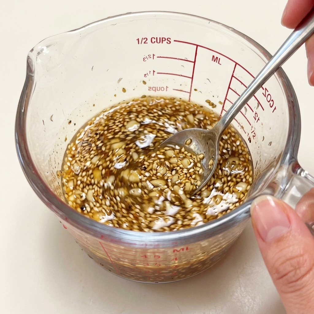 A hand using a metal spoon to stir a mixture of hot broth, sesame seeds, and seasonings in a clear glass measuring cup.