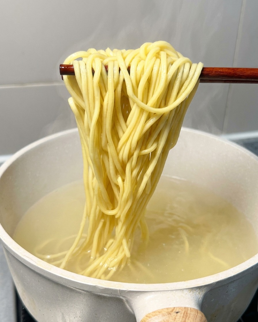 A generous portion of cooked yellow ramen noodles being lifted from a pot of boiling water with wooden chopsticks.