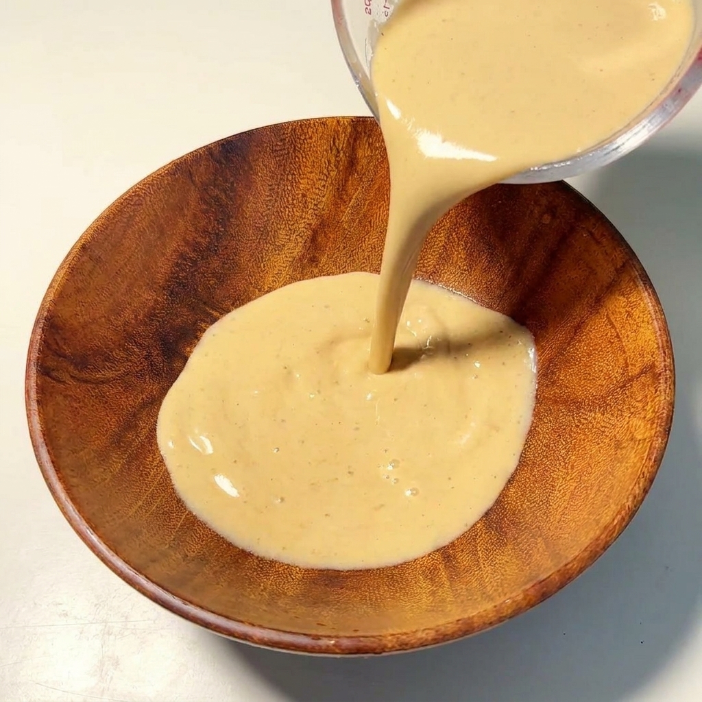 Thick, creamy blended light brown soup base being poured from a glass measuring cup into a wooden serving bowl.