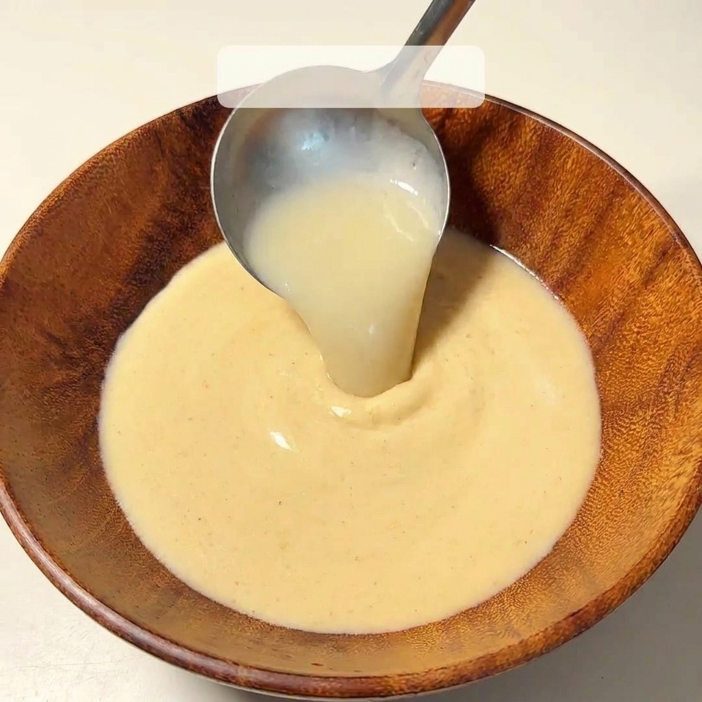 A metal ladle pouring creamy tonkotsu broth into a wooden bowl.
