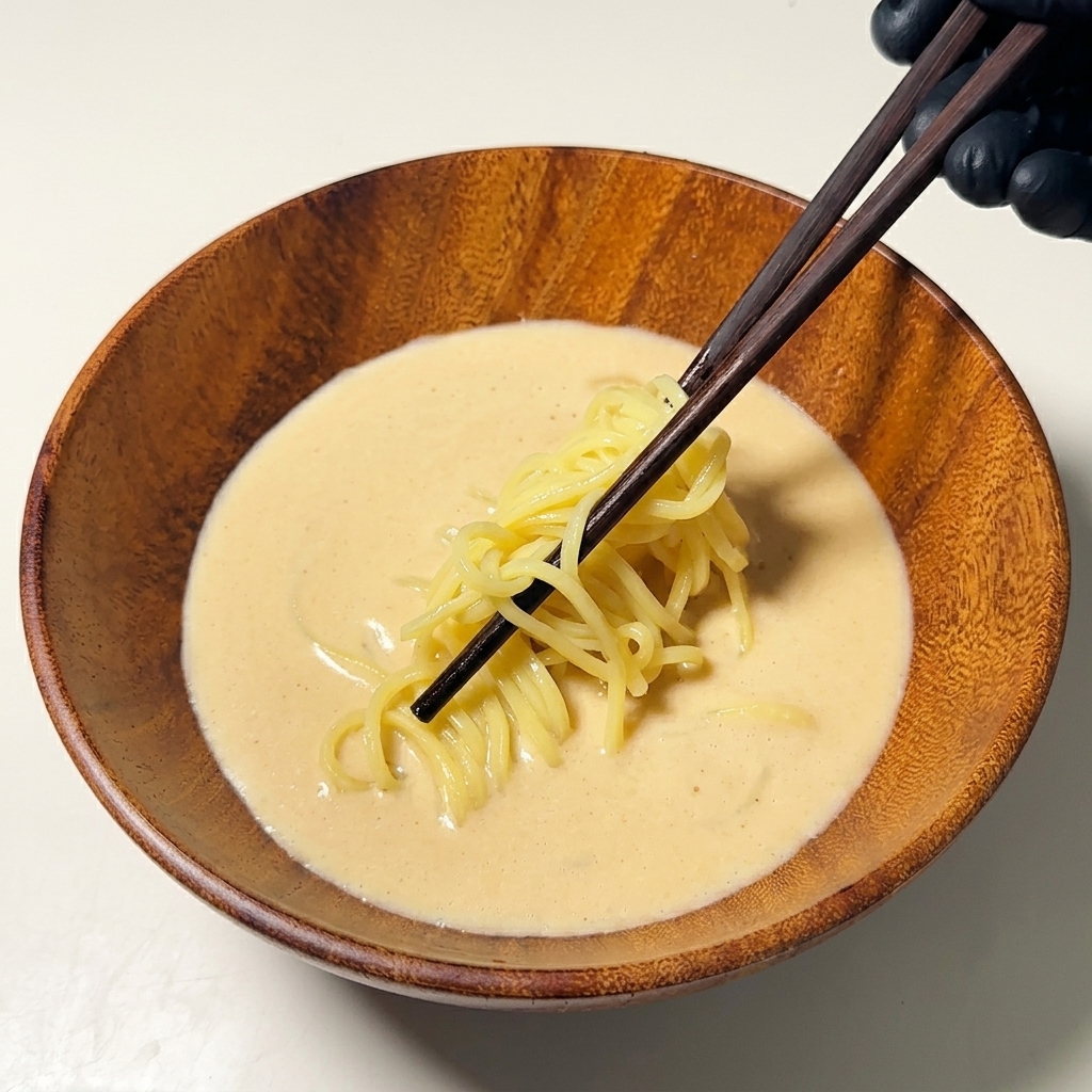 A gloved hand using dark wooden chopsticks to gently lower cooked ramen noodles into a creamy broth in a wooden bowl.