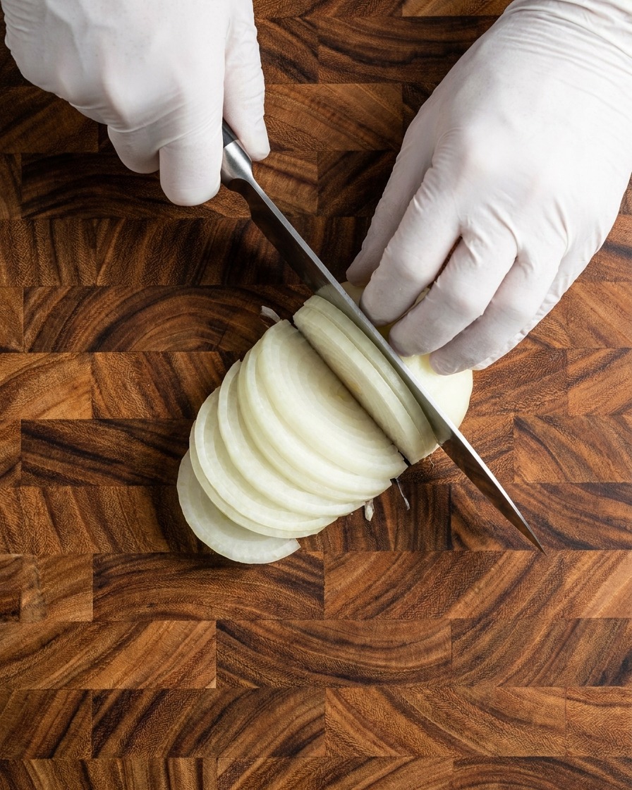 Gloved hands using a chefs knife to thinly slice a white onion half on a wooden cutting board.