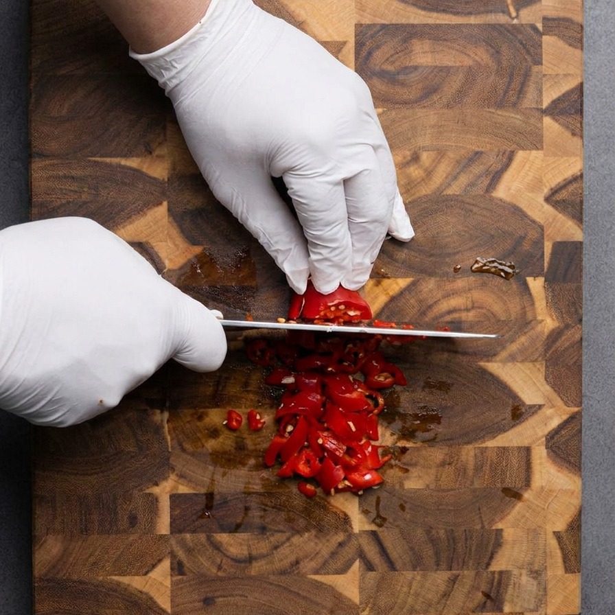Gloved hands finely chopping bright red chilies with a knife on a wooden cutting board.