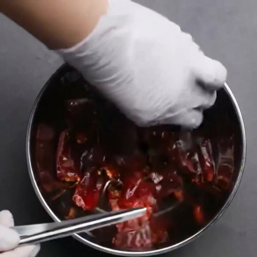 Metal tongs pressing whole dried red chilies down into a stainless steel bowl filled with water.