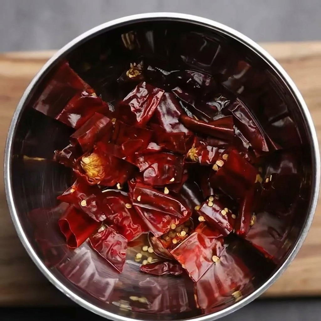 A small stainless steel bowl filled with whole dried red chilies that have been soaking in water.