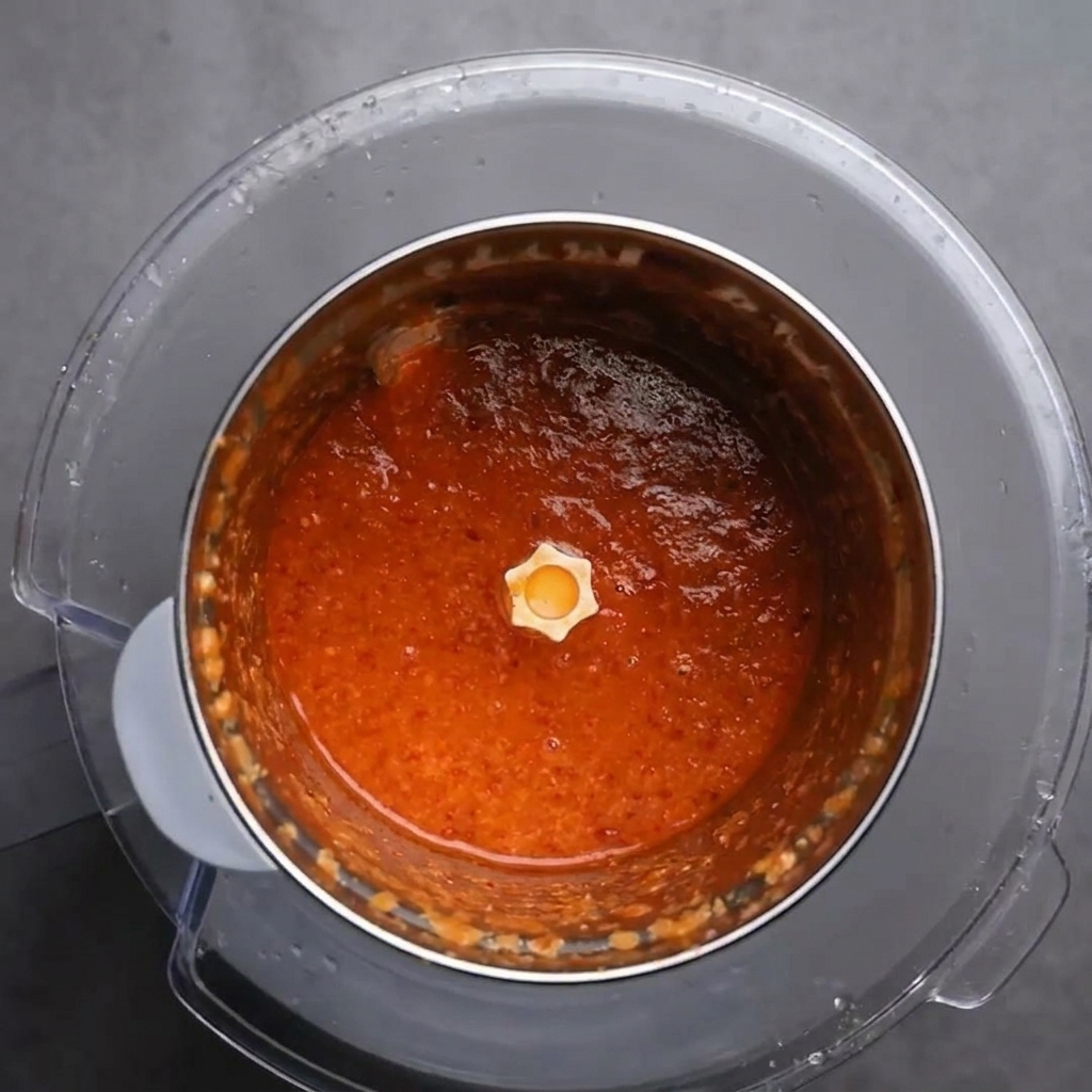 A bright red, deeply colored and completely smooth blended chili paste sitting inside a blender jar.