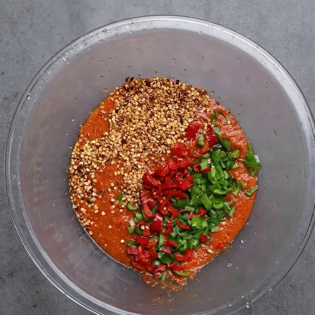 A large glass mixing bowl filled with blended red chili paste, topped with chopped fresh green and red chilies and a handful of dried chili seeds.