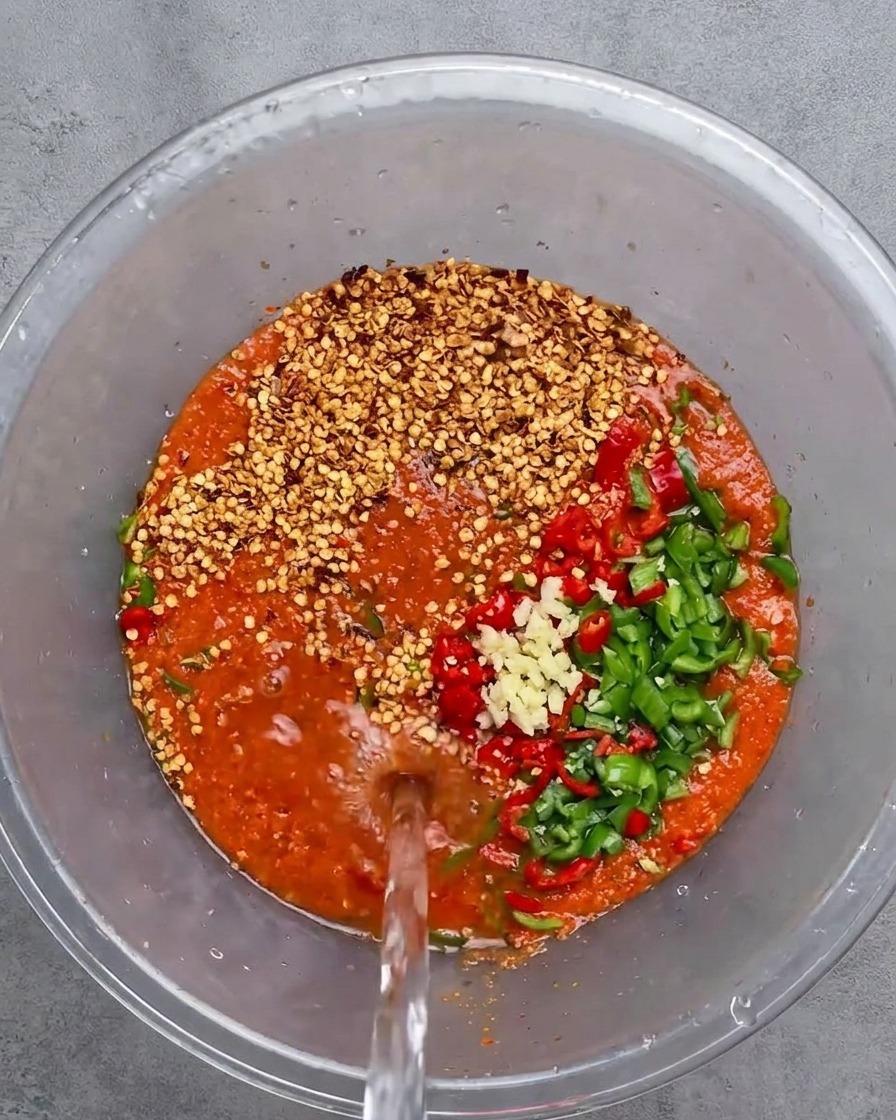 Pouring clear water into a glass bowl containing red chili paste, minced garlic, chopped chilies, and chili seeds.