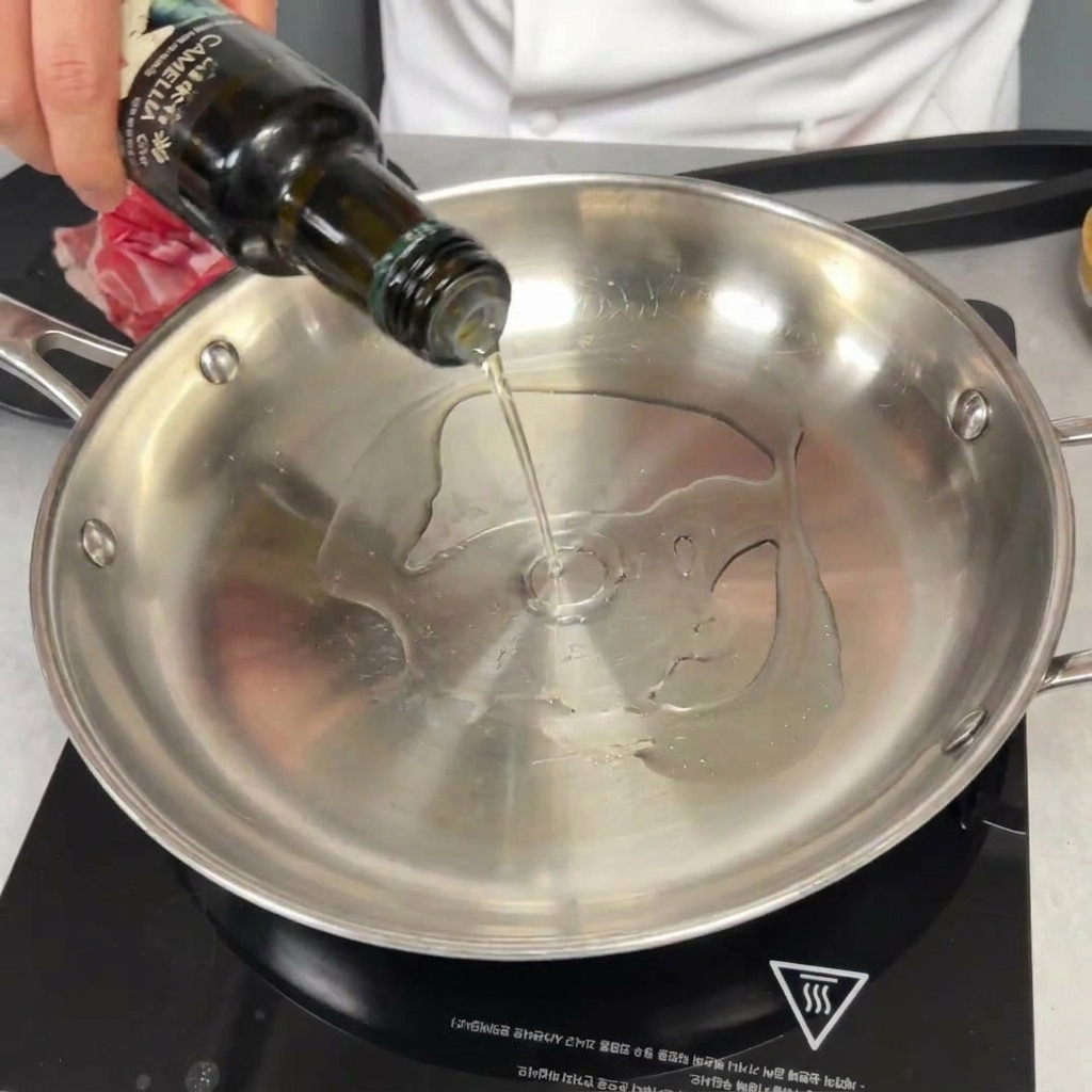 A dark green glass bottle pouring a thin stream of cooking oil into an empty stainless steel pan.