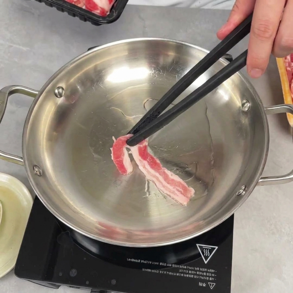 Thin slices of raw pork belly being placed into a lightly oiled pan with black chopsticks.
