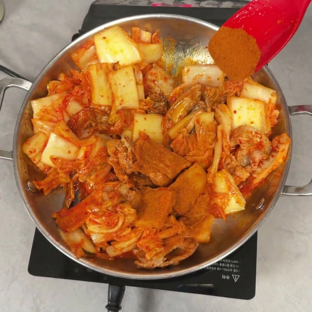 A red spatula holding fine red chili powder over a mix of cooked pork belly slices and translucent kimchi in a pan.