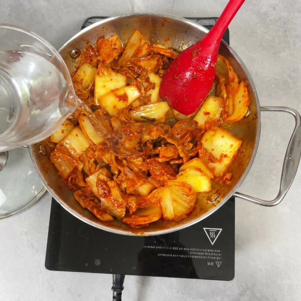 Clear water being poured from a glass measuring cup into a pan of stir-fried kimchi and pork belly.