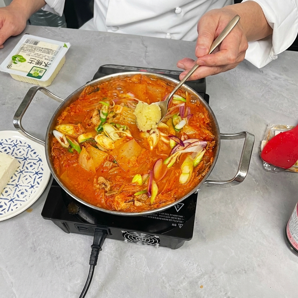 A hand adding a spoonful of minced garlic into a pot of simmering kimchi and pork stew on an induction stove.