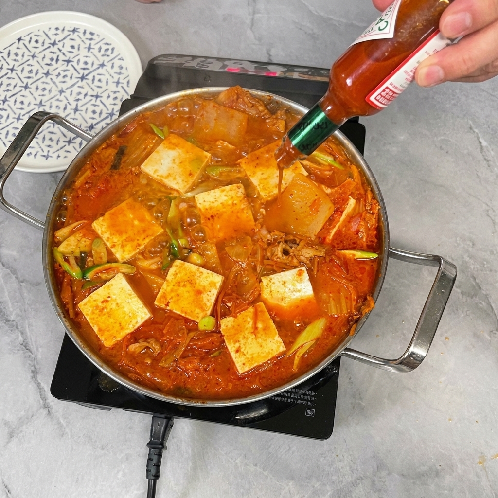 Dashing hot pepper sauce from a small bottle directly into a bubbling pot of kimchi stew with tofu.