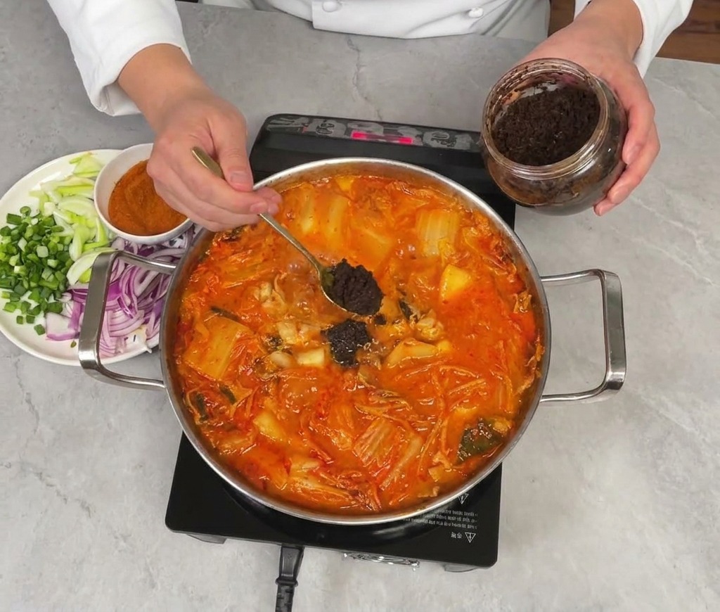 Adding a spoonful of dark brown soybean paste into a simmering pot of Korean kimchi stew.