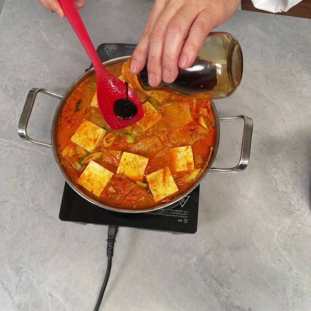 Dark liquid soy sauce being poured from a bottle onto a red silicone spatula held over a simmering pot of kimchi stew containing tofu.