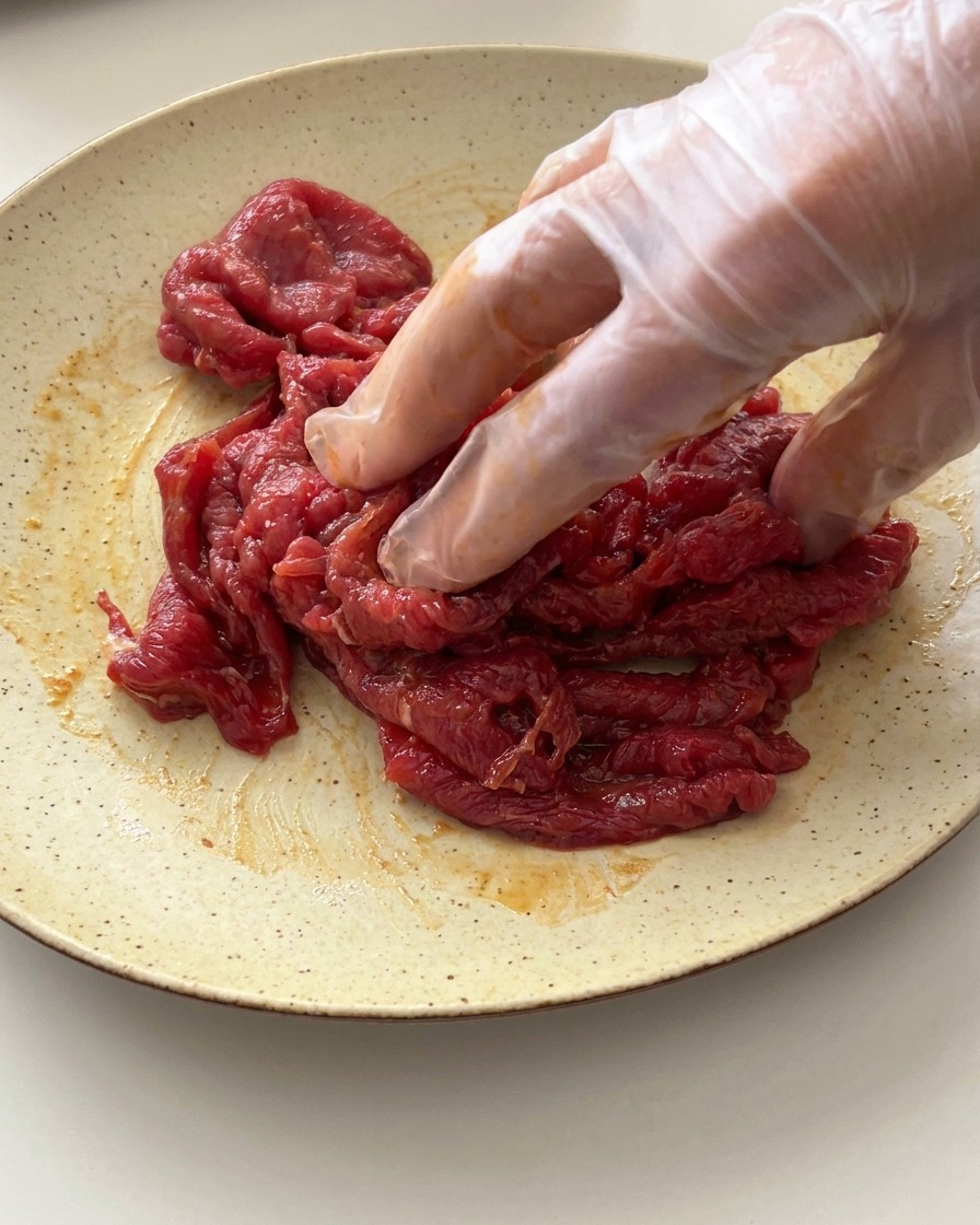 A hand wearing a clear plastic glove mixing raw beef slices with a dark liquid marinade on a ceramic plate.