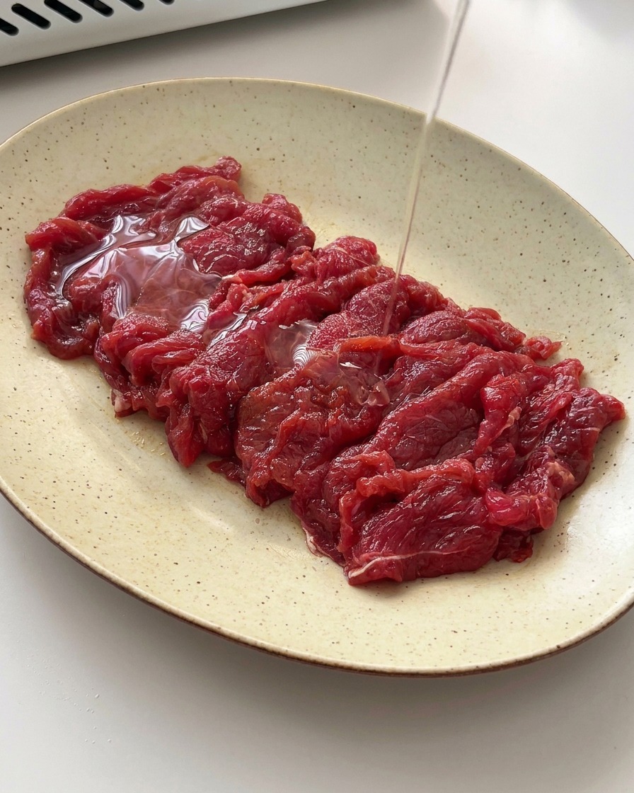A gentle stream of clear cooking oil being poured over marinated raw beef slices on a plate.