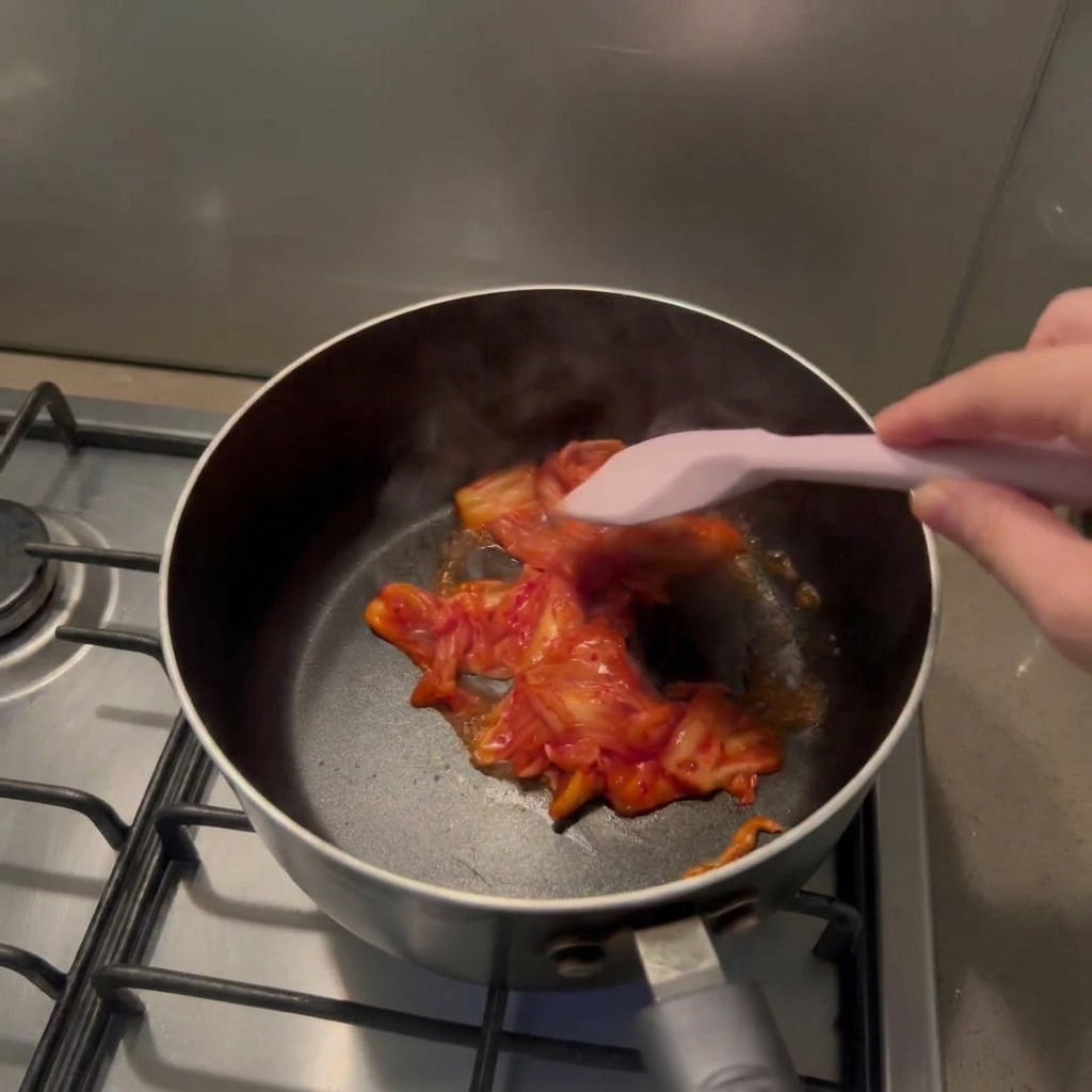 A hand using a pink silicone spatula to stir-fry chopped red kimchi inside a black pot.