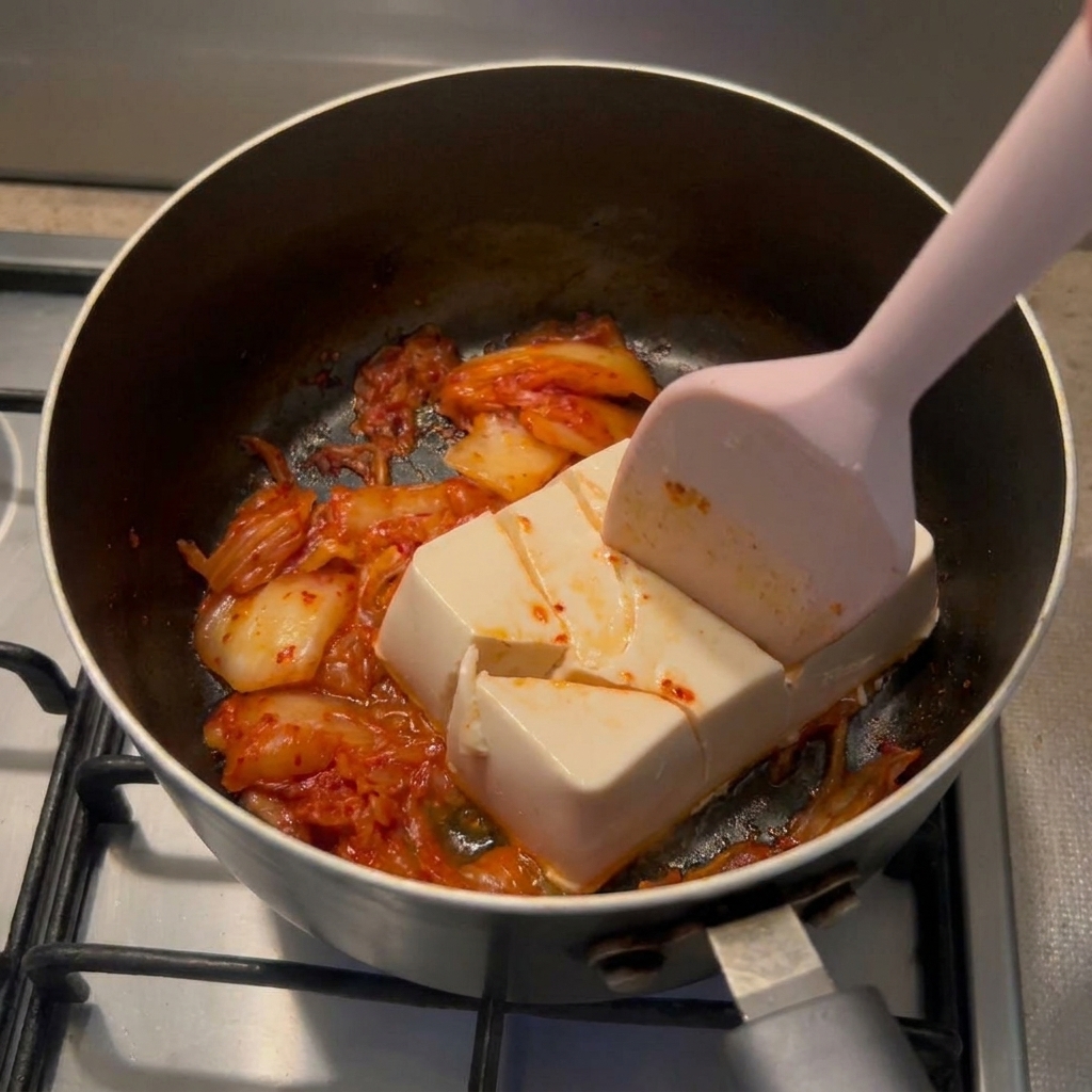 A pink spatula pressing down into a block of soft white tofu, cutting it into large chunks over a bed of red kimchi.