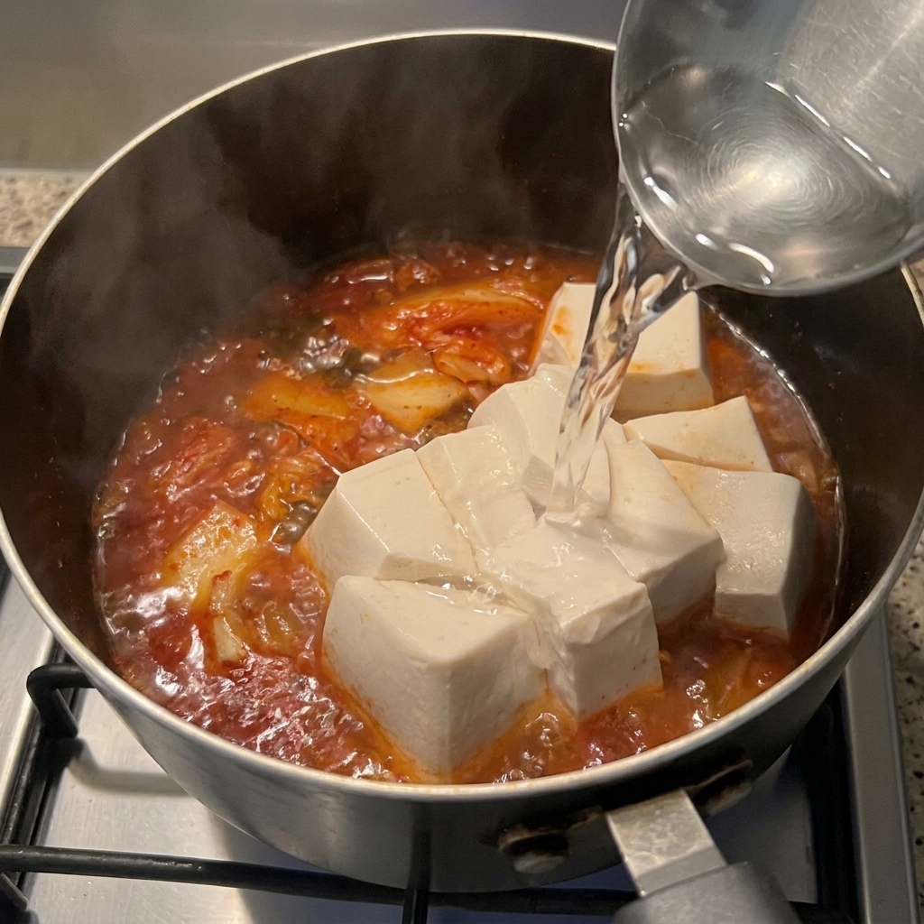 Clear hot water being poured from a metal ladle over chunky white tofu and red kimchi in a cooking pot.