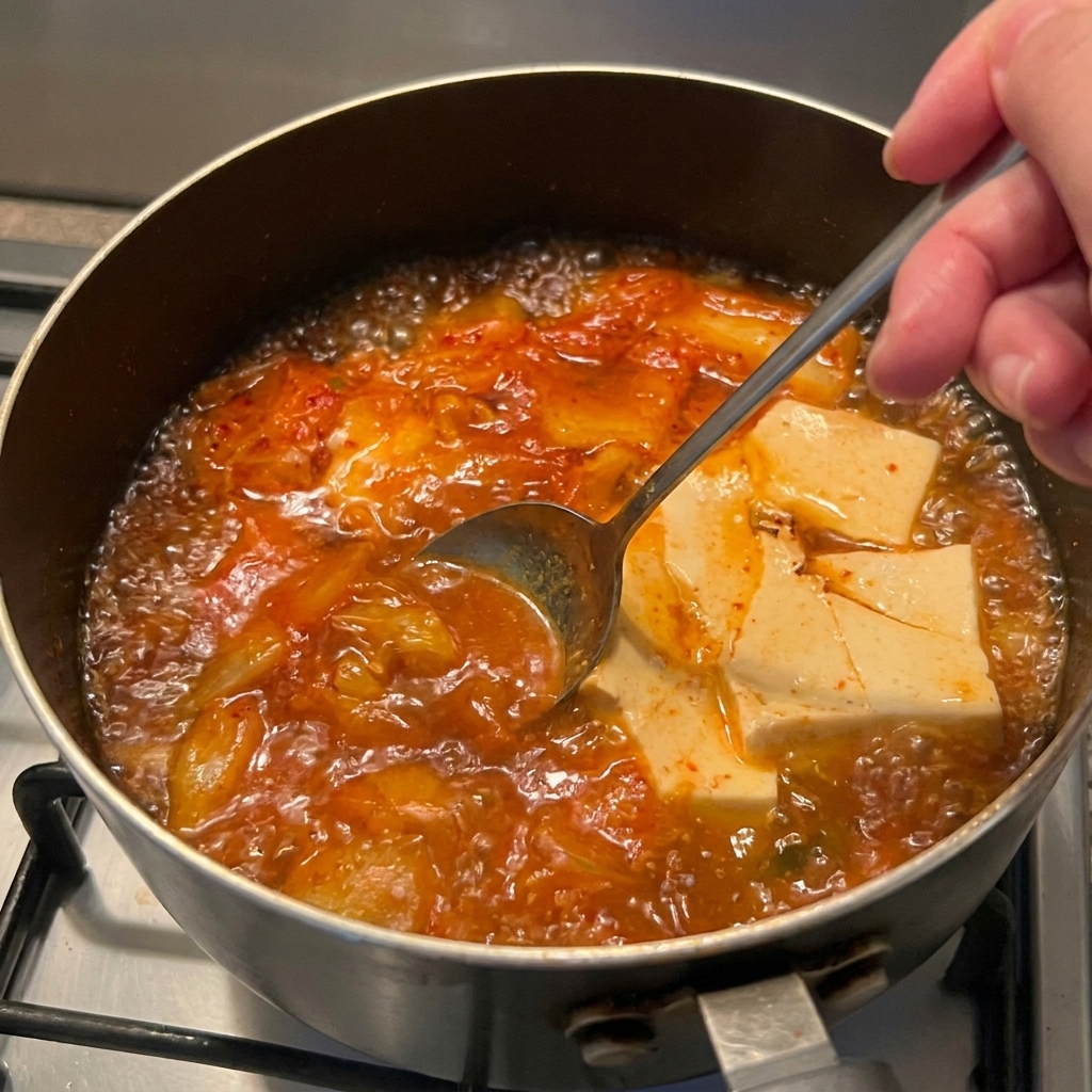 A metal spoon mixing dark red chili paste into a bubbling pot of orange broth, kimchi, and white tofu.