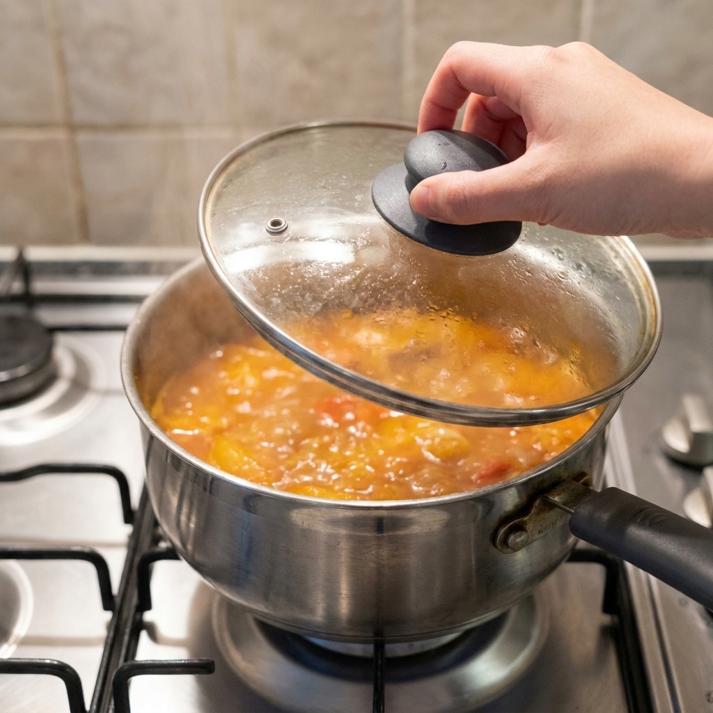 A person lifting a glass lid off a stainless steel pot, revealing a steaming and bubbling orange-red kimchi stew.