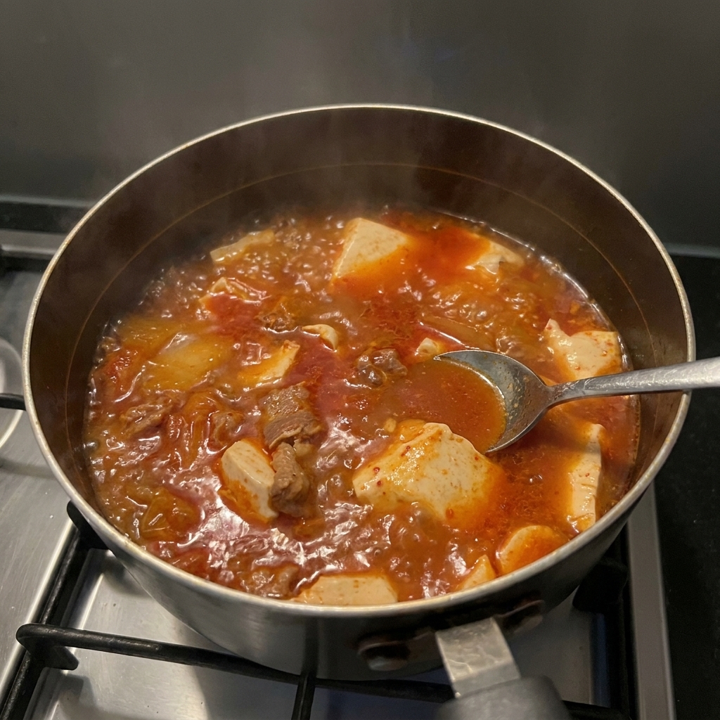 A spoon scooping through a finished, bubbling pot of kimchi soup with visible pieces of beef and soft white tofu.