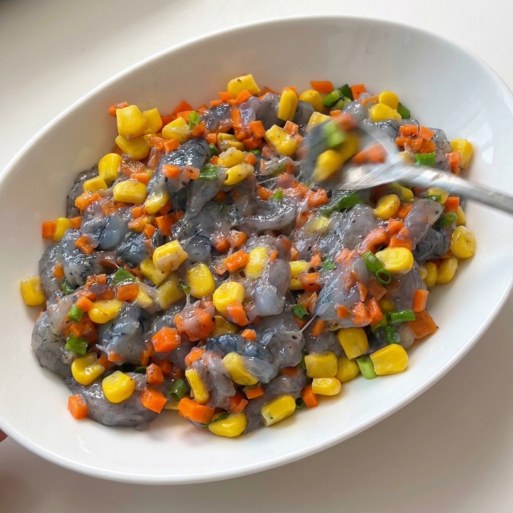 A metal spoon stirring a colorful mixture of gray shrimp paste, orange carrots, green scallions, and yellow corn in a white bowl.