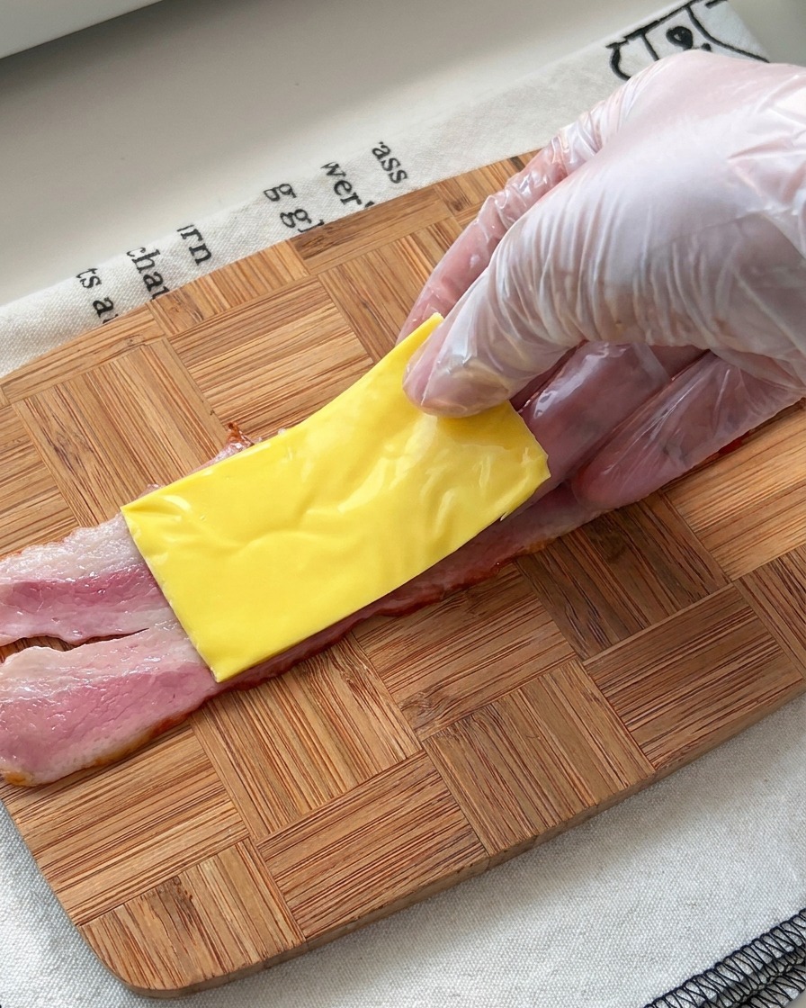 A hand in a clear plastic glove placing a yellow square of cheese onto a pink strip of raw bacon on a wooden board.