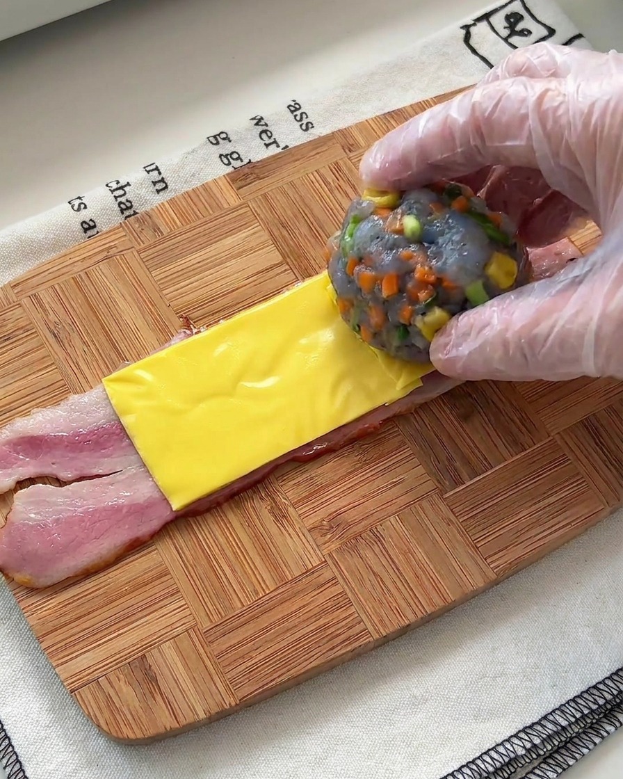 A gloved hand placing a colorful ball of raw shrimp paste mixed with vegetables onto the cheese and bacon.