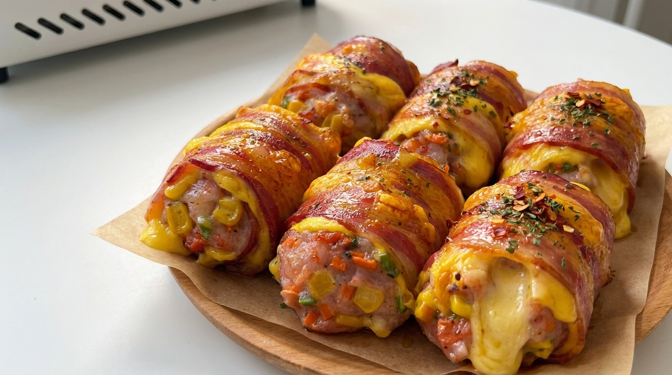 Golden-brown bacon rolls stuffed with savory shrimp and oozing melted cheese, finished with a sprinkle of chili and herbs.