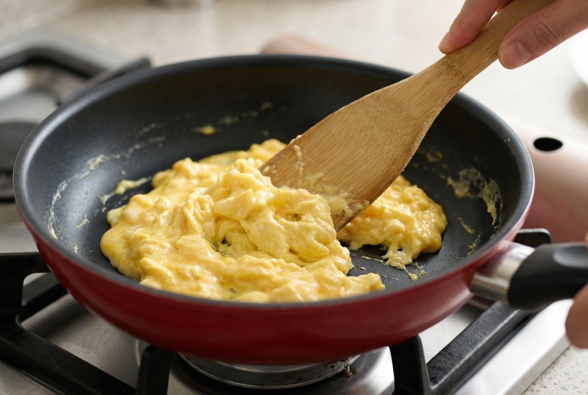 A wooden spatula folding partially set scrambled eggs in a non-stick frying pan.