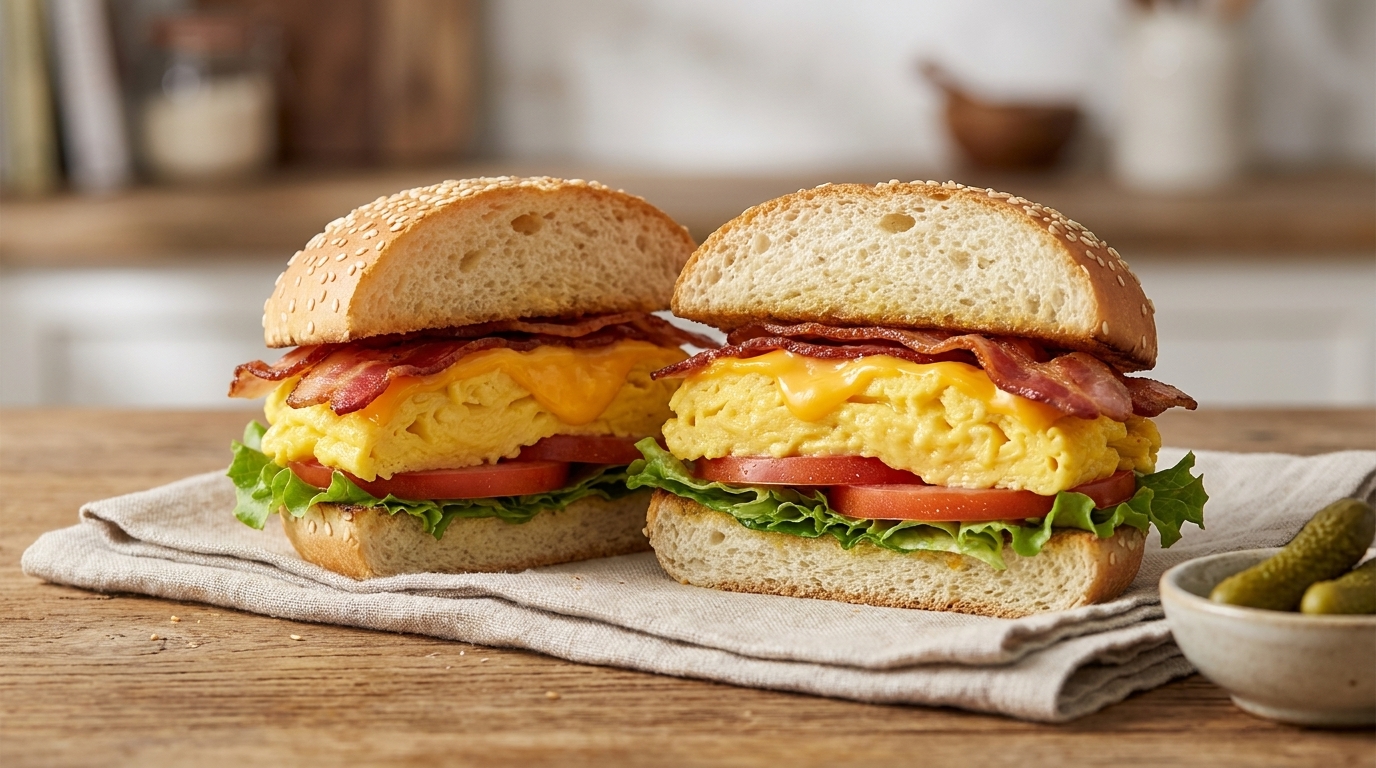 Ultimate Cheesy Scrambled Egg & Crispy Bacon Burger