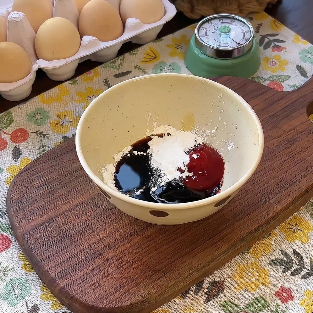 A small speckled bowl containing dark soy sauce, red ketchup, and a small pile of white starch on a wooden surface.