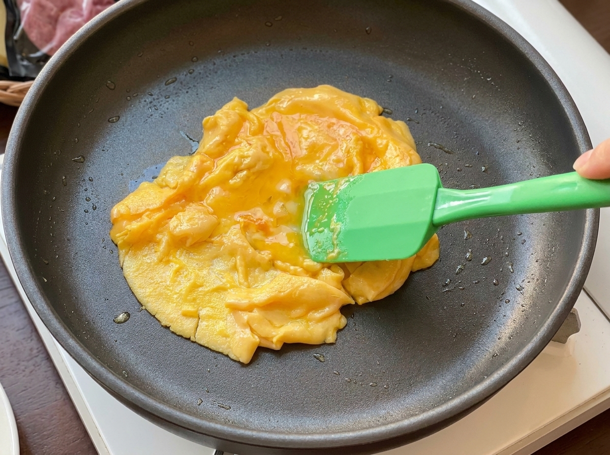 A spatula lifting tender scrambled eggs from a nonstick pan.
