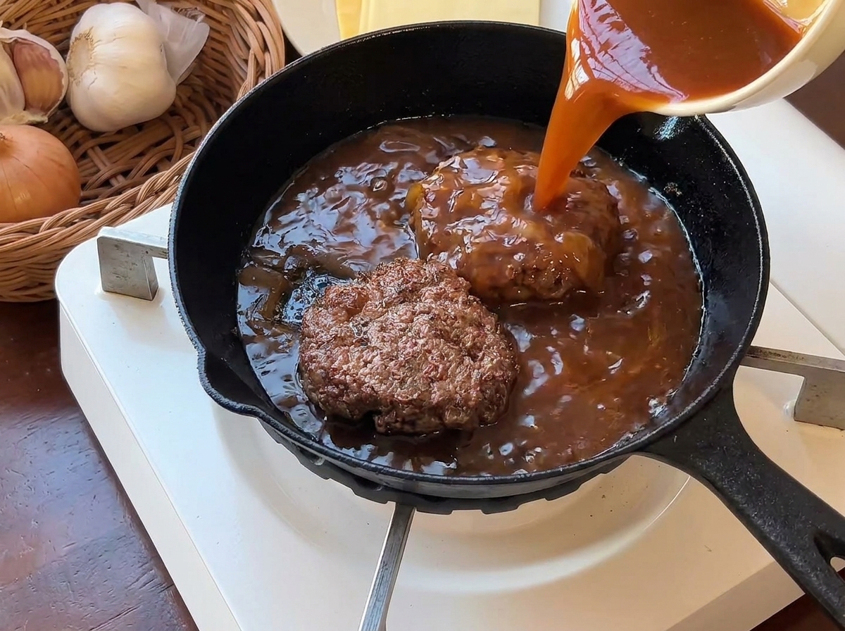 Thick brown sauce being poured over browned hamburger steaks in a black skillet.