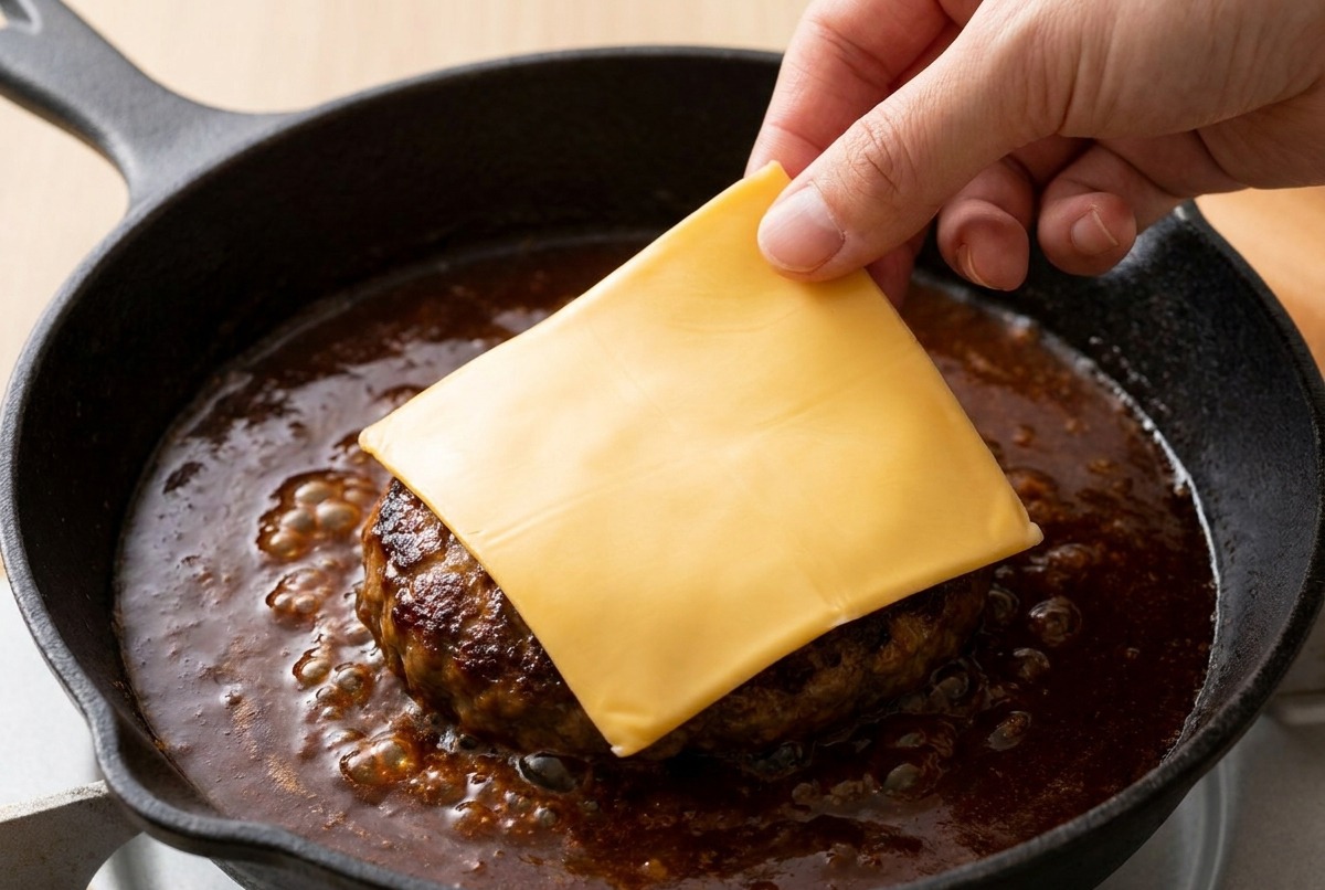 A hand placing a square slice of cheese onto a beef patty simmering in a dark, rich sauce.