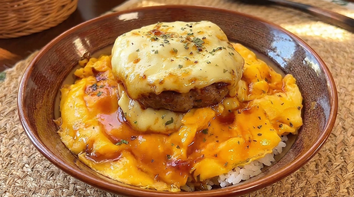 Cheesy Japanese Hamburg Steak Bowl with Silky Eggs