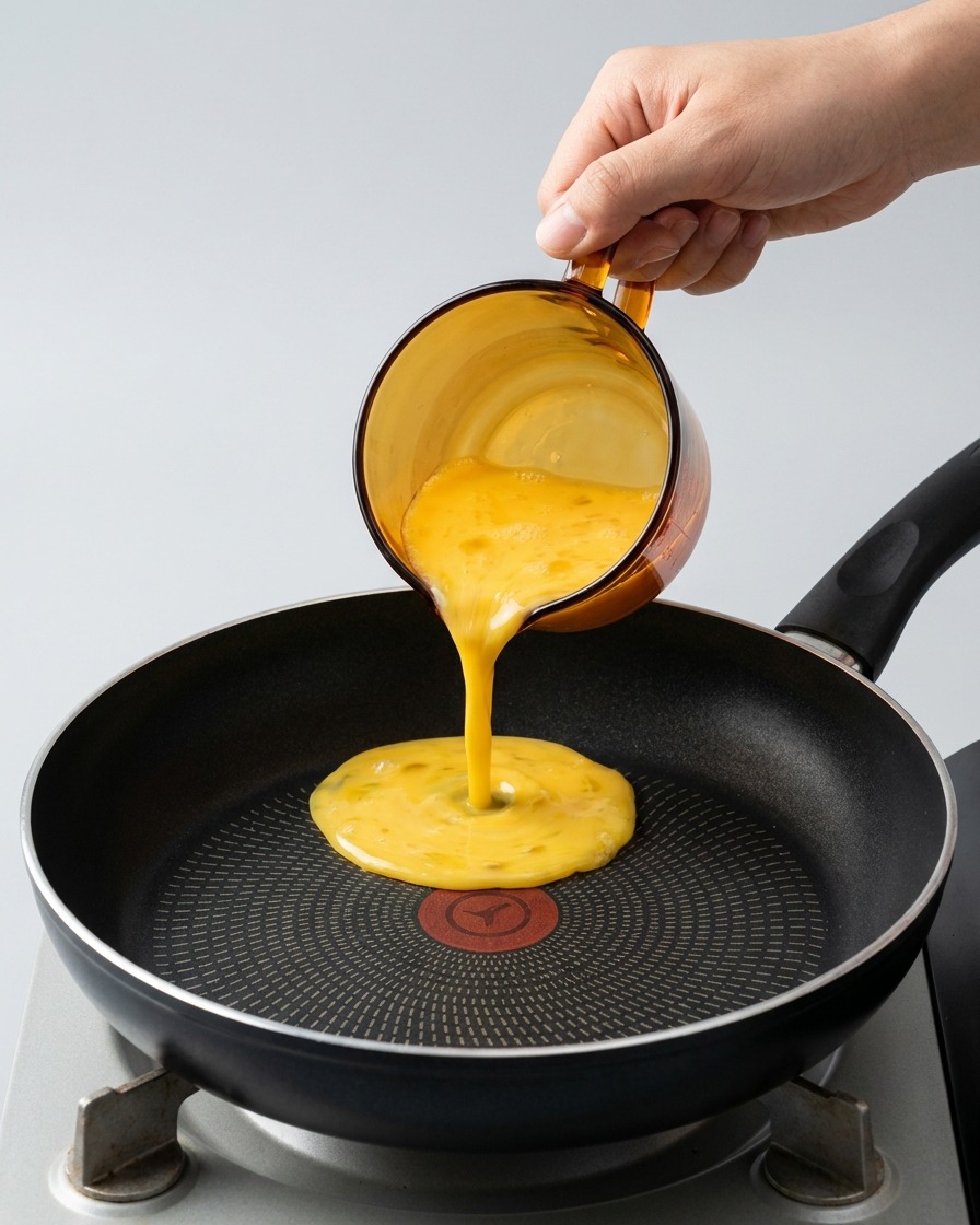 Yellow beaten egg liquid being poured from a glass cup into the center of a black non-stick frying pan.