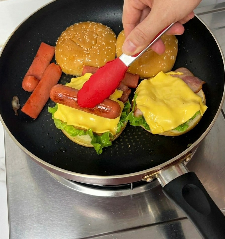 Red tongs placing a grilled hot dog sausage onto a slice of yellow cheese on a burger assembly inside a pan.